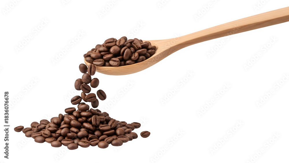 Obraz premium Coffee beans cascading from wooden spoon on black background for beverage preparation