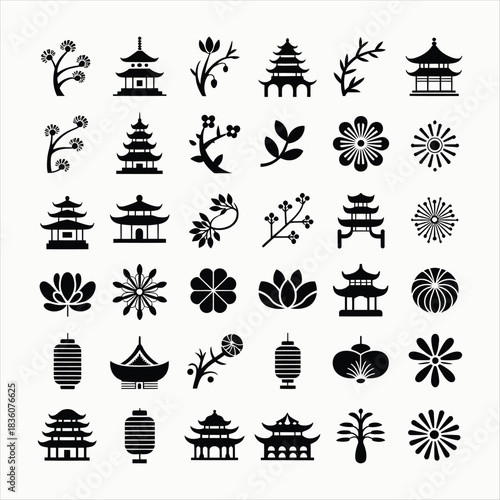 Collection of Asian Icons and Symbols pagoda temple