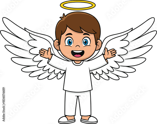 Smiling cartoon angel with halo and wings, childlike celestial figure, flat vector illustration, cad drawing style, innocence and purity