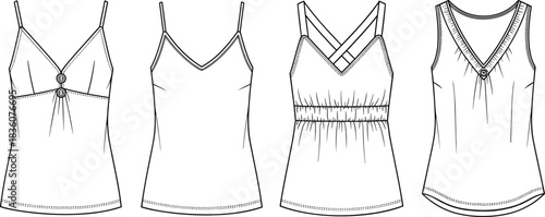 Sleeveless tops technical sketch set, four styles, V-neckline, straps, empire waist, cad drawing flat vector illustration Sleeveles