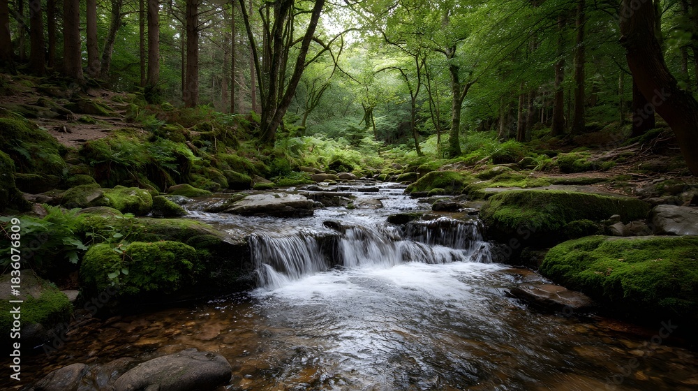 Obraz premium A tranquil forest stream cascades over moss covered rocks amidst lush green trees creating a serene natural scene