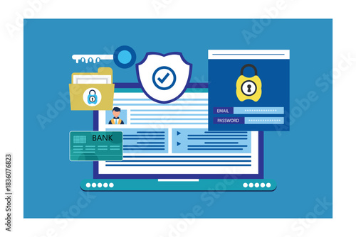 laptop online security shield vector. Network Security concept