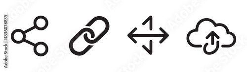 Set of share, link, expand, and cloud upload icons in black outline style on white background