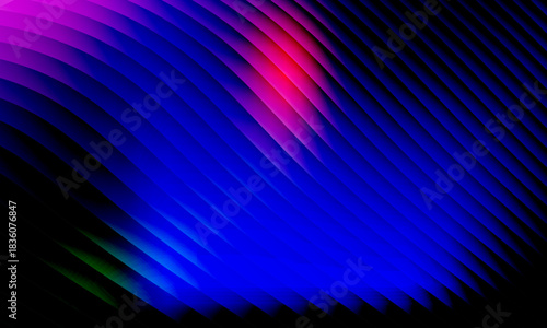 Neon ripple glass gradient in magenta, violet, ember orange on deep midnight. Sharp ribbed distortion, cinematic glow; futuristic texture background, vector illustration