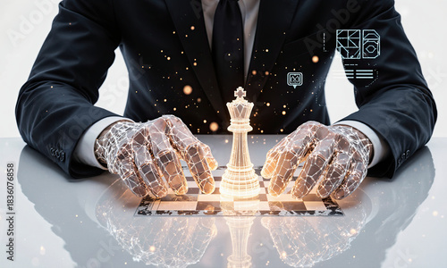 Future of Strategy Portrait A human like mesh hand and a purely geometric wireframe hand jointly clasp a glowing king