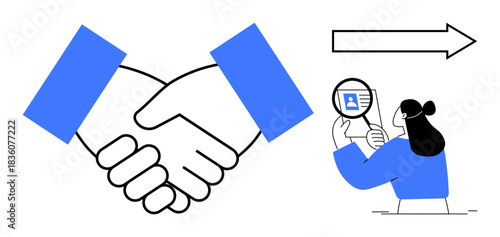 Business agreement by handshake, linked with verification process using magnifying glass. Business trust, partnerships, review processes, and decision-making highlighted. For corporate, analysis