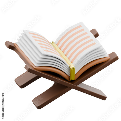 Modern 3D illustration featuring an open book on a rehal, meticulously designed with clean lines, perfect for concepts of education, reading, and cultural heritage