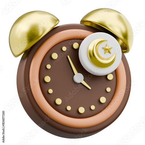 Golden crescent moon and star adorn a 3D alarm clock, marking timely Ramadan celebrations and special festive event announcements, perfect for holiday promotions