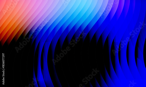 Neon ripple glass gradient in magenta, violet, ember orange on deep midnight. Sharp ribbed distortion, cinematic glow; futuristic texture background, vector illustration
