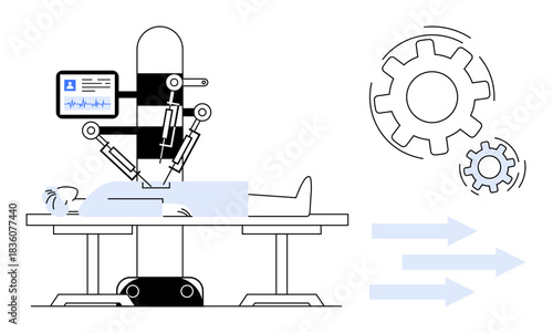 Medical innovation, robotic surgery, automated healthcare, AI-powered tools, precision medicine, future technologies. A robot performing surgery on a patient. Medical innovation and robotic surgery