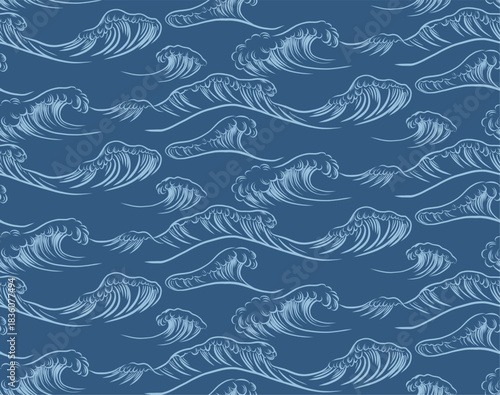 Vector seamless pattern with sea waves on dark blue background. Orient marine texture with sketch waves.