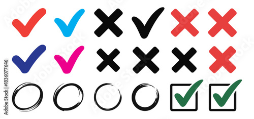 Collection of various checkmark and cross symbols in different colors and styles