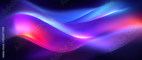 Vibrant abstract art features flowing, luminous curves in shades of purple, blue and red