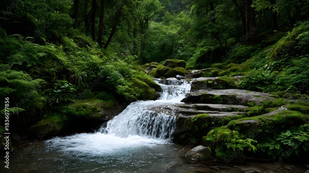 Obraz premium A serene forest stream cascades over moss covered rocks surrounded by lush green vegetation