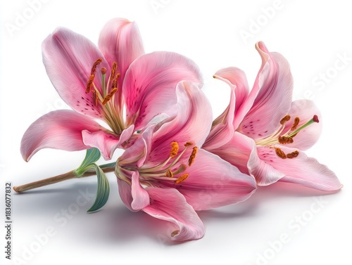 Two vibrant pink lilies with detailed petals and stamens, against a clean white backdrop