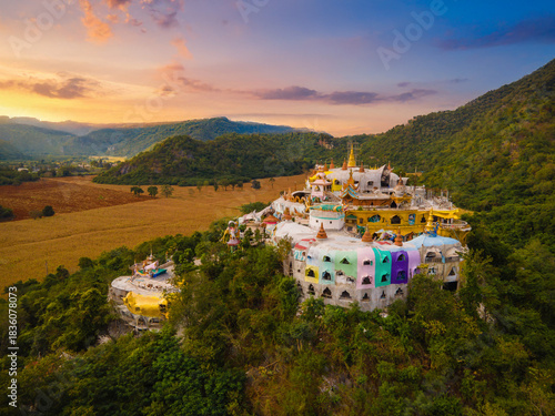 Landscape of Temple on the mountain at Simalai Songtham Temple in Khao Yai, Pak Chong, Nakhon Ratchasima, Thailand in sunset time