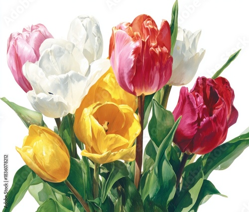 A vibrant watercolor bouquet of tulips in various colors, with green stems and leaves