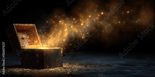 An open treasure chest emits a luminous golden mist and sparkles into darkness