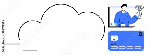 Cloud outline, man holding trophy in video feed, digital card with settings. Ideal for technology, cloud computing, achievements, virtual management, digital identity, online recognition software