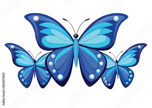 Three exquisite vibrant blue butterflies with highly detailed intricate wing patterns and luminous spots showcasing delicate natural beauty and elegant organic design elements