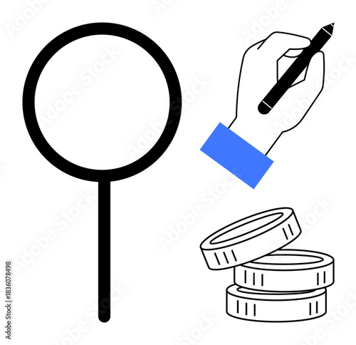 Research, finance, writing, economics, data analysis, monetary transactions. Magnifying glass, hand holding a pen and coin stack . Research and finance icons analysis and monetary concepts