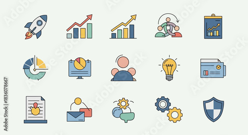 Illustrations of business growth, teamwork, and innovative ideas for any project! Use these vibrant startup icons to enhance your next presentation or marketing campaign.