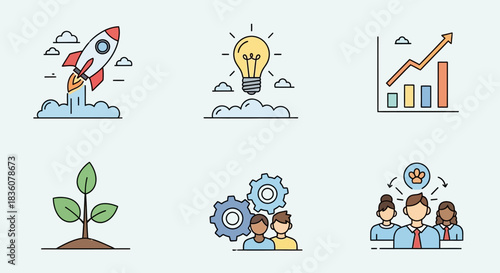 Inspiring icons showing a clear path to business success. Ideal for illustrating growth, innovation, and teamwork in marketing materials. Visualize your journey to success!
