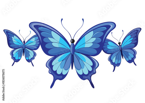 Three exquisite vibrant blue butterflies with meticulously detailed intricate wing patterns showcasing delicate beauty and perfect natural symmetry in graceful flight