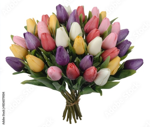 A vibrant bouquet of colorful tulips, tightly bound, against a white backdrop