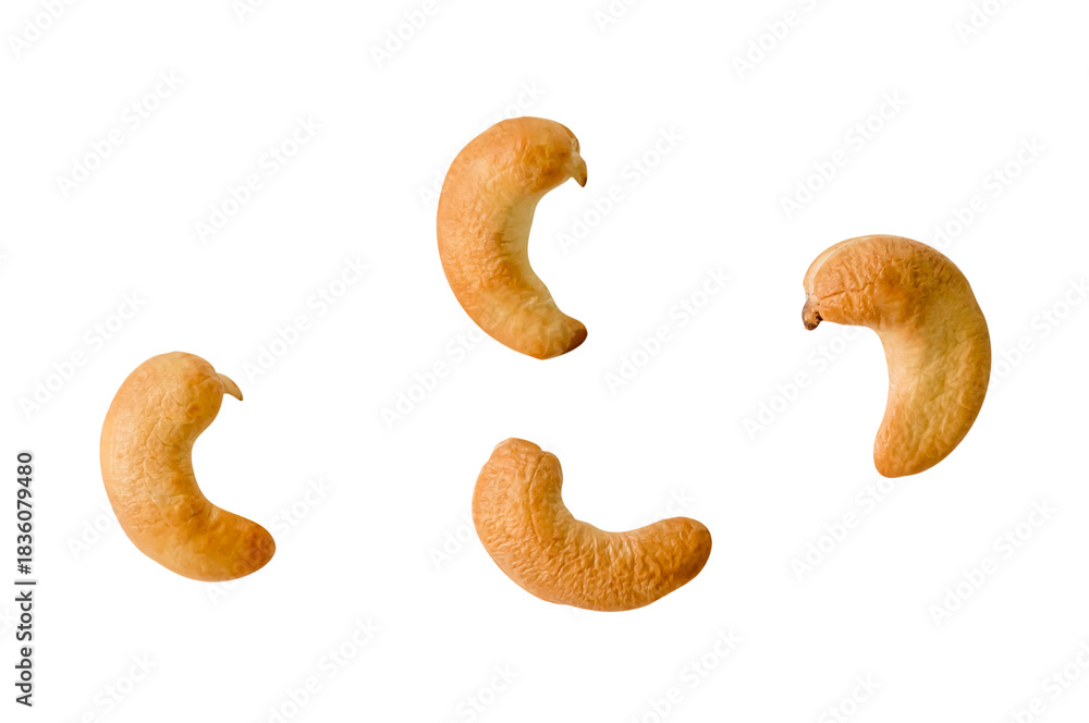 Fototapeta premium Top view set of four roasted or baked cashew nuts isolated with clipping path in png file format