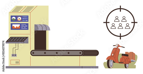 Conveyor system with controls processes goods, target audience symbol signifies marketing focus, and a retro orange scooter symbolizes mobility. Ideal for production, advertising, logistics, process