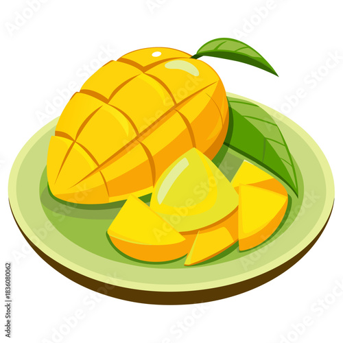 A vibrant illustration of a whole mango, scored and sliced, served on a light green plate with two green leaves.