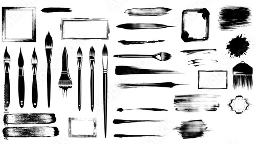 Artistic arrangement featuring paintbrushes brushstrokes and frames in a monochrome style ideal for creative projects graphic design and artistic presentations and backgrounds on transparent backgroun