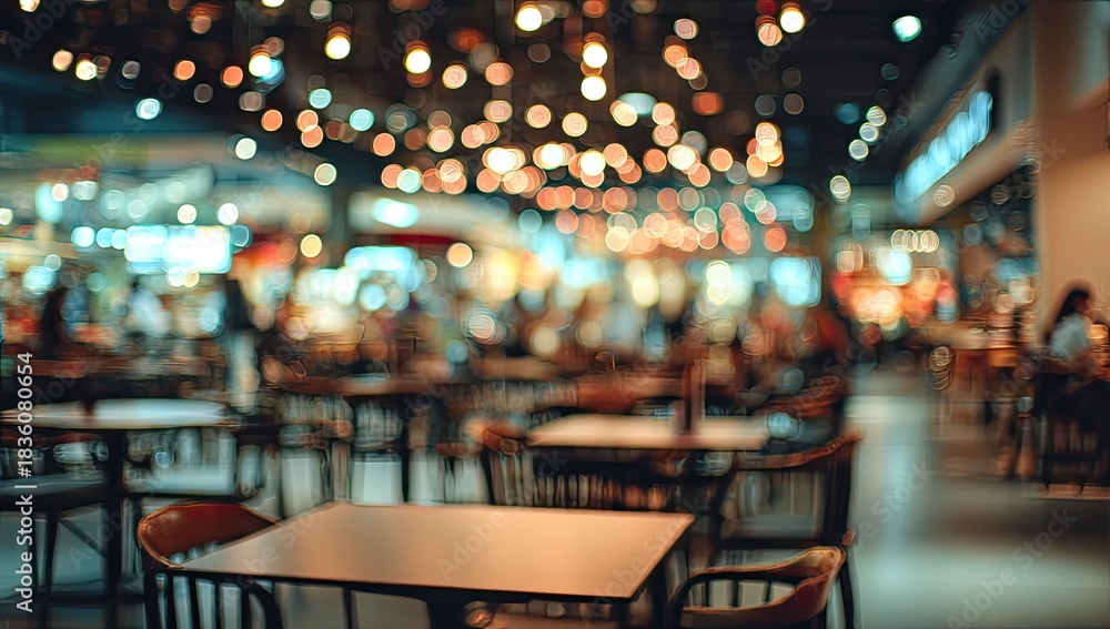 Fototapeta premium Dimly lit dining area with tables and blurred people under bokeh lights