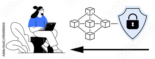 Blockchain security. Blockchain diagram with shield secure data, user trust, and encryption. Blockchain ensures safe transactions and reliable digital systems. For fintech, data protection