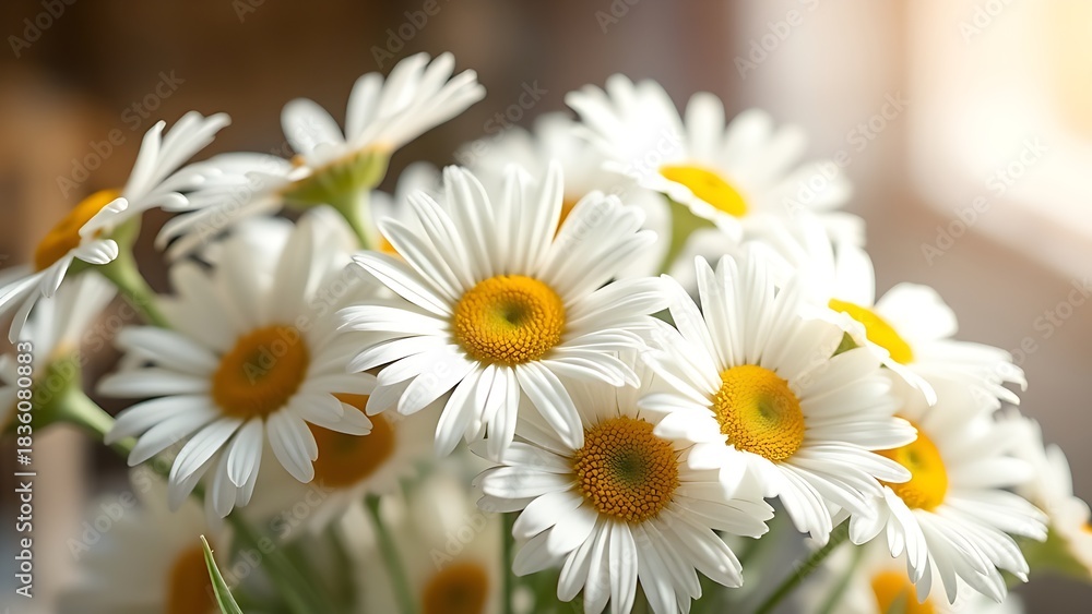 Fototapeta premium Fresh daisy bouquet bathed in soft sunlight, showcasing delicate pastel petals.