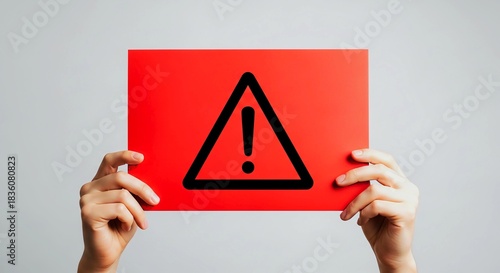 Person holding red warning sign with exclamation mark