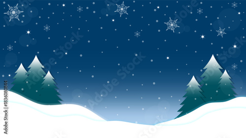 Snowy Landscape With Pine Trees And Falling Snowflakes In The Background Of A Winter Night