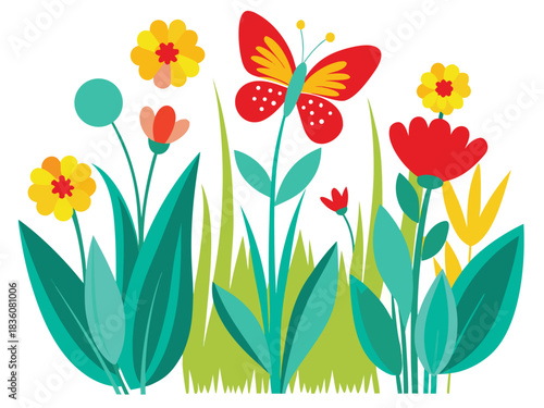 A vibrant butterfly gracefully alights upon a delightful patch of colorful spring flowers surrounded by abundant lush green foliage creating a picturesque natural scene