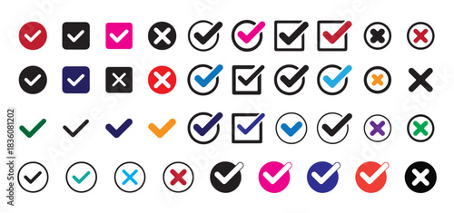 Large collection of varied checkmark and cross icons in different styles and colors