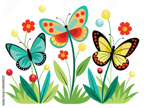 Whimsical garden scene featuring three vibrantly colored butterflies with intricate patterned wings fluttering gracefully among delicate flowers and lush green foliage