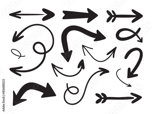 Set of black hand drawn doodle arrows isolated on white background indicating direction