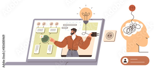 Laptop screen showing teacher explaining processes, lightbulb above symbolizing ideas, plug connecting to head reflecting confusion unraveling. Ideal for education, training, innovation, teaching