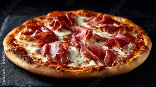 Side profile of Italian pizza al prosciutto topped cured ham and mozzarella styled on a black textured background for strong color contrast