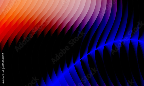 Neon ripple glass gradient in magenta, violet, ember orange on deep midnight. Sharp ribbed distortion, cinematic glow; futuristic texture background, vector illustration
