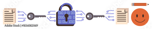 Lock with binary code, electronic keys, documents, and a happy face. Ideal for cybersecurity, data encryption, protection, digital privacy, secure communication cryptography simple flat metaphor