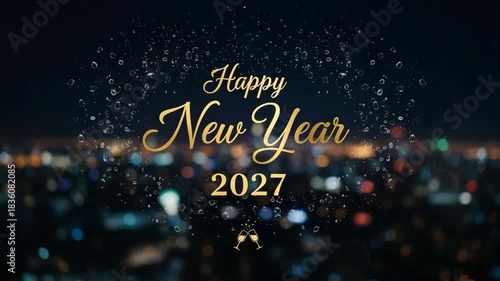 Exciting Happy New Year 2027 celebration with golden fireworks over vibrant city lights at night happy new year, happy new year 2027, new year celebrations 2027, new year, 2027,