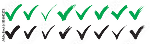 Set of green and black check marks. hand drawn tick symbols for approval and confirmation