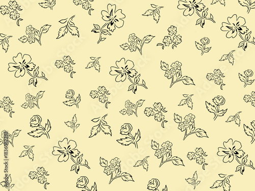 Minimalist Line Art Floral Seamless Pattern on Beige