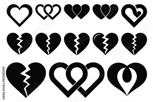 Collection of black heart shapes and broken hearts